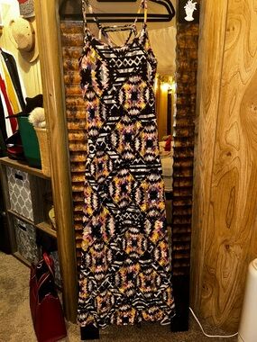 Women's Black Patterned Maxi Dress with Pink and Yellow Accents